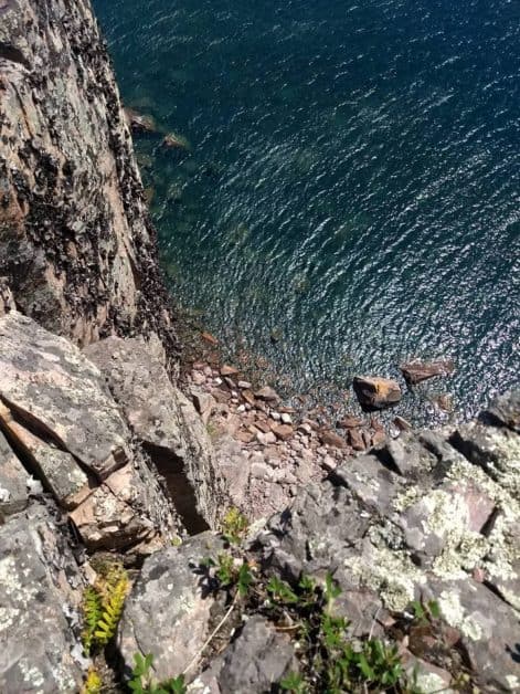 looking down at Palisade Head to blue water of Lake Superior