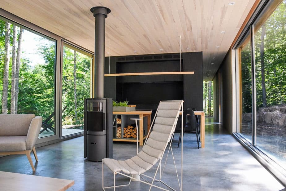 indoor fireplace in Scandinavian designed cabin
