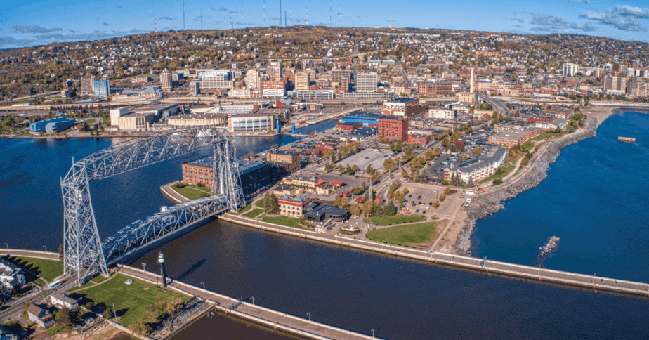 Ariel view of Duluth, MN with lift bridge 