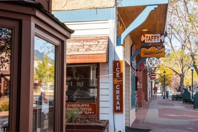 downtown Estes Park shops. Gateway to Rocky Mountain National Park for a weekend getaway from Denver, Co