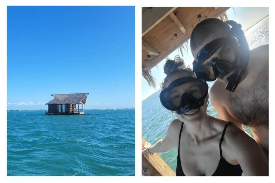 Overwater bungalow in Key West and two people with snorkeling gear on