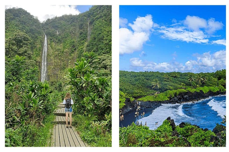 Road to Hana Waterfall with girl standing towards it + Black Sand Beach in Maui