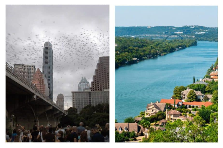 bats at congress street bridge at dusk and view from the top of mount bonnell- weekend getaways for couples in Texas