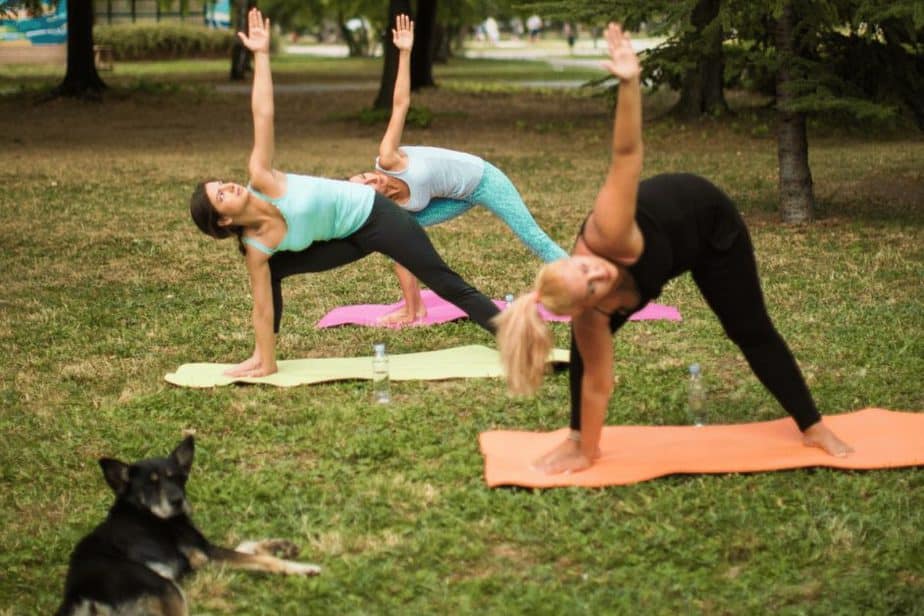 dog at exercise class in Charlotte, NC. Three women doing yoga with dog laying nearby