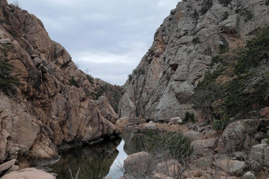 base of the narrows trail in the Wichita mountains