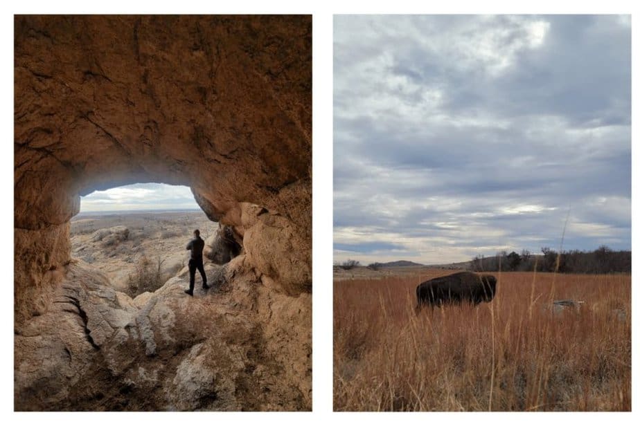wind cave in the wichita mountains and a bison on the way there