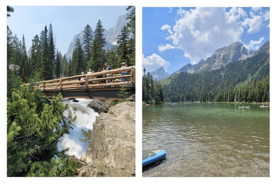 one picture of a bridge during Hidden Falls Hike and one picture of a paddle board in String Lake