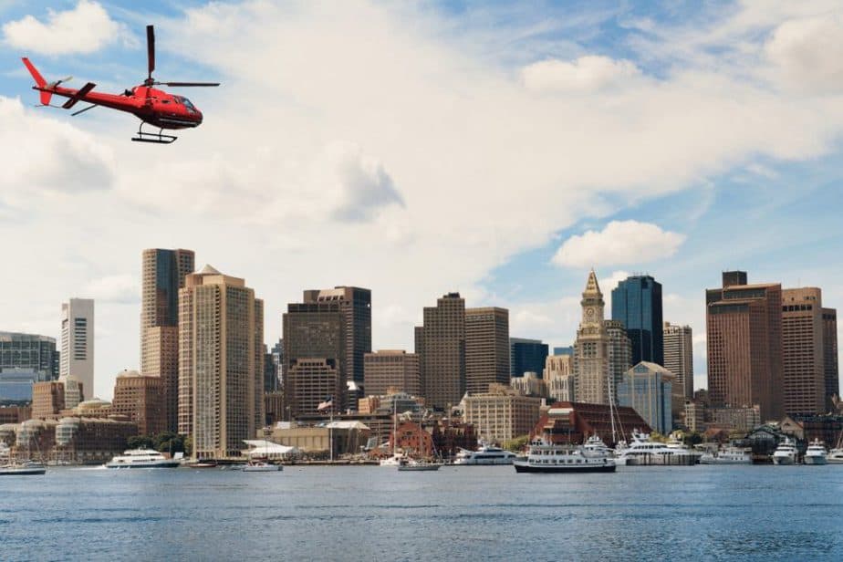 Helicopter over boston skyline