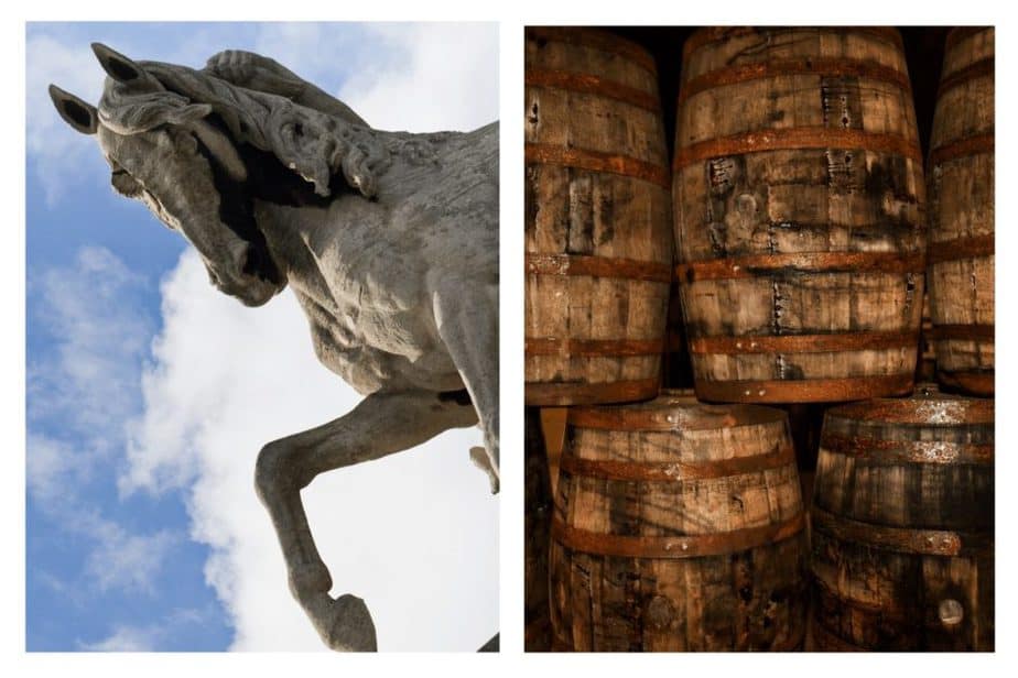 horse statue and bourbon barrels 