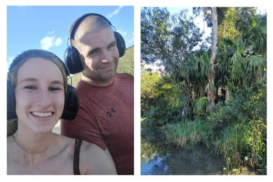 two pictures of airboat ride in the everglades