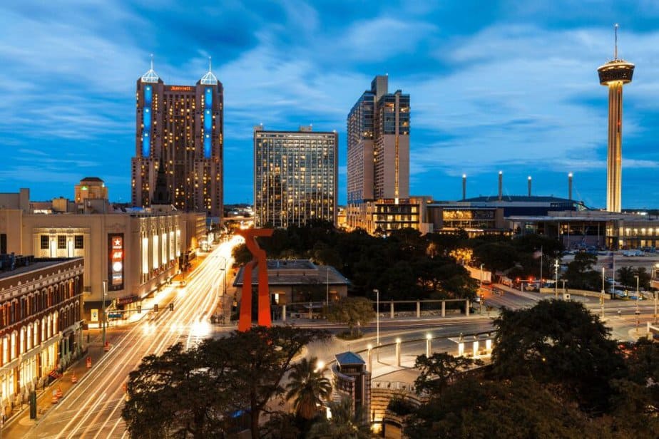 Skyline of San Antonio Pearl District at night