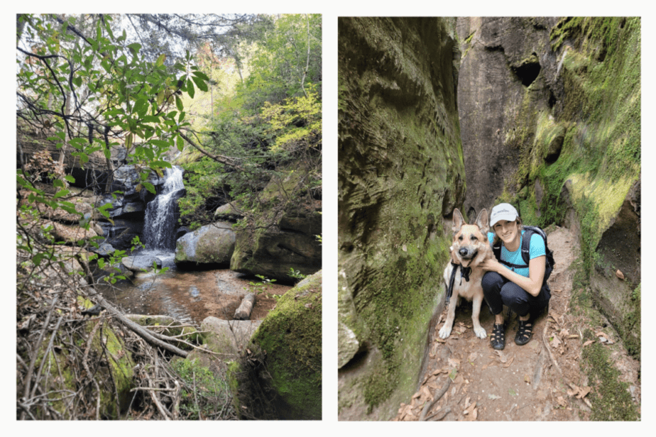 Hiking through Dismals Canyon- waterfall and girl and dog in a mossy slot canyon