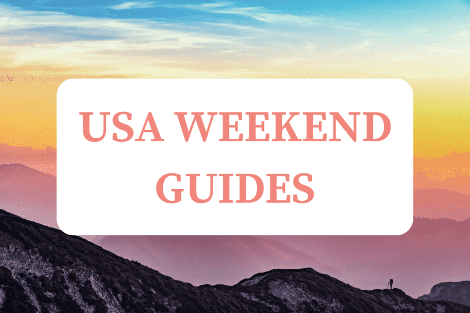 Words state "USA weekend Guides" with a picture of a colorful sunset sky in the mountains behind the words.