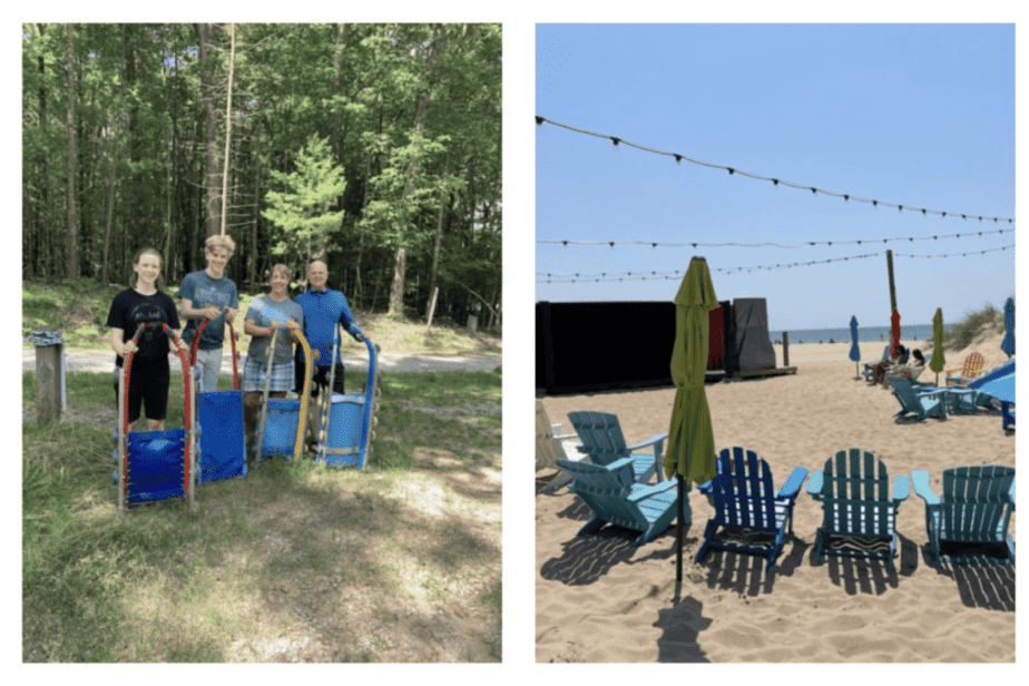 family with luge boards in muskegon Michigan and chairs on the beach 