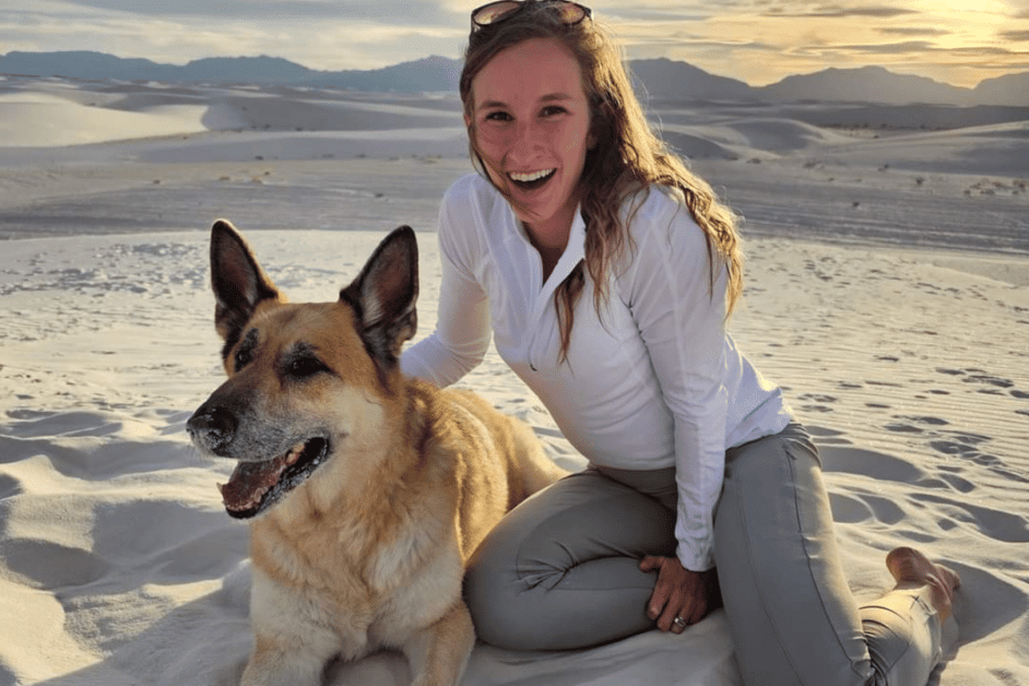dog and girl at white sands national park at sunset 