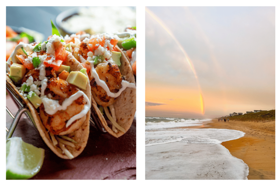 fish tacos and rainbow on beach in the outer banks 