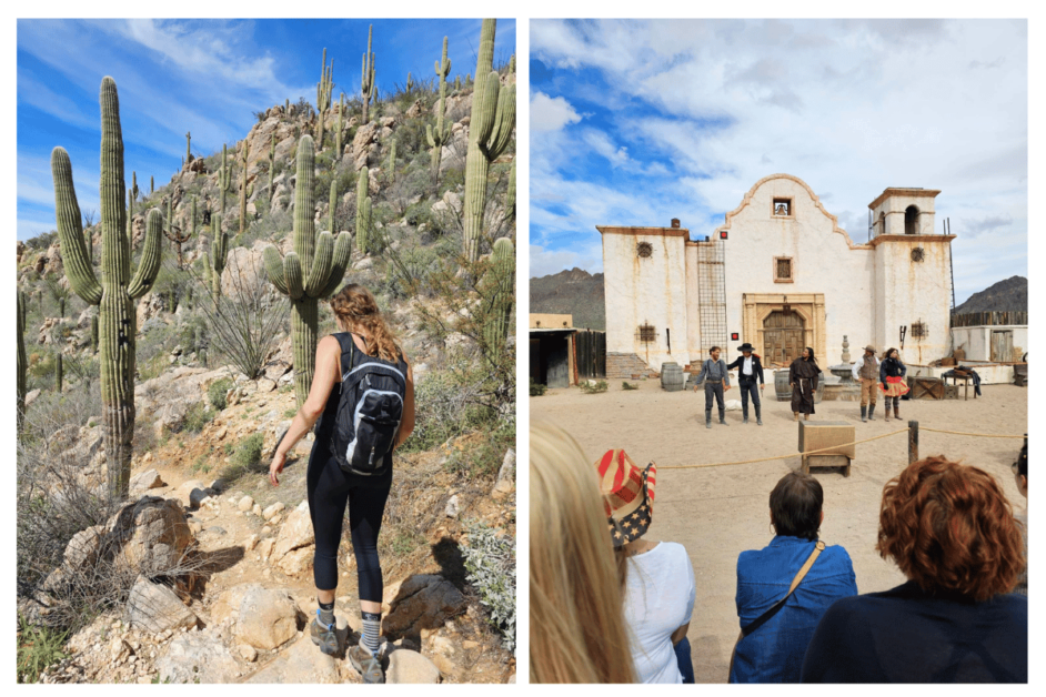 left picture: girl hiking in saguaro national park 

right picture: Live show at old town during 3 days in Tucson