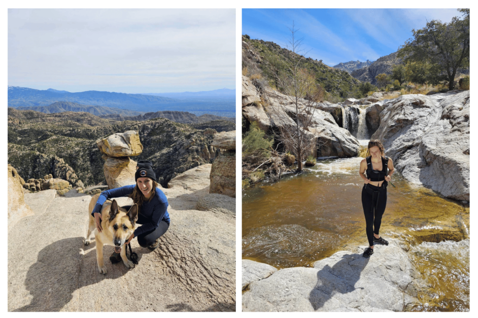 left picture: girl with dog during drive to top of mount lemmon at an overlook

right picture: girl standing in front of romero canyon falls 