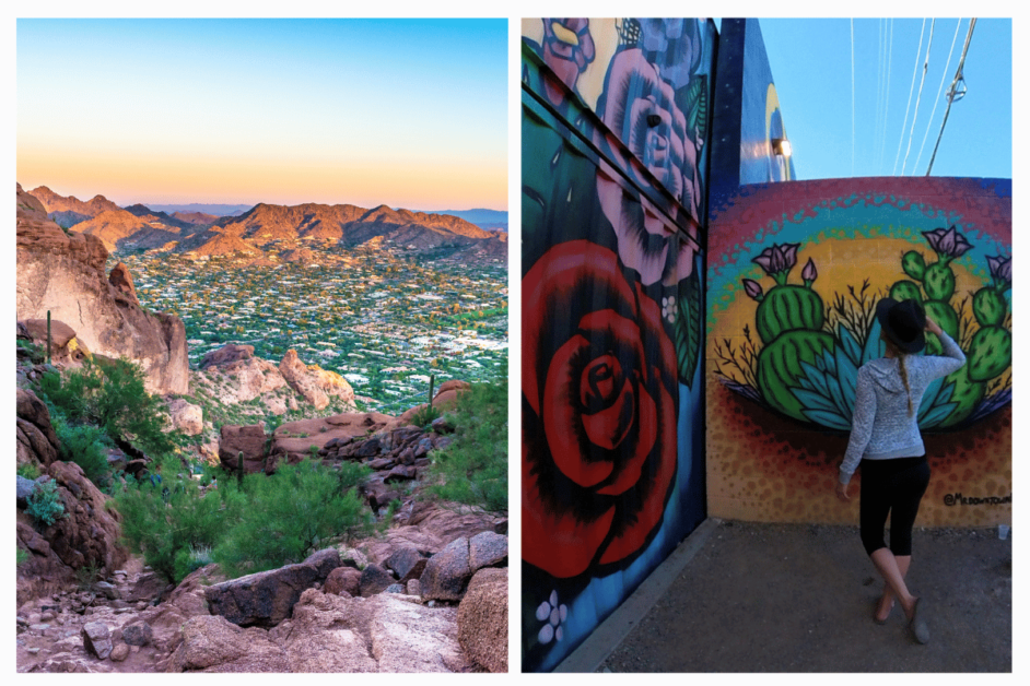 overlook at the top of camelback mountain and girl in front of mural at roosevelt row 