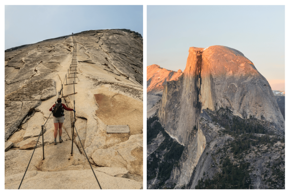 half dome cables and view of half dome at sunrise