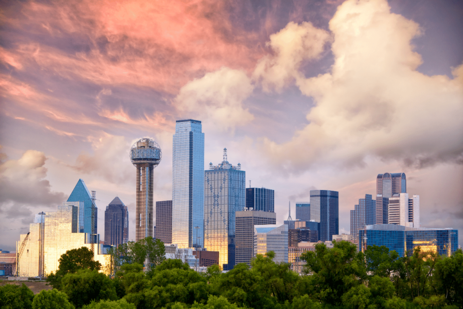 dallas skyline at sunset- best winter vacations in the united states 