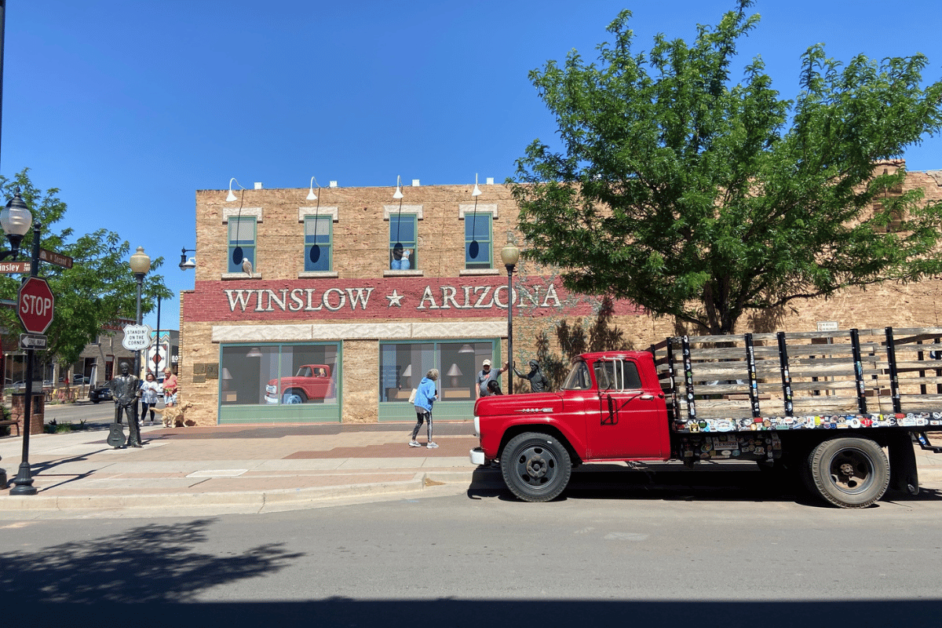 mural and red truck in Winslow Arizona