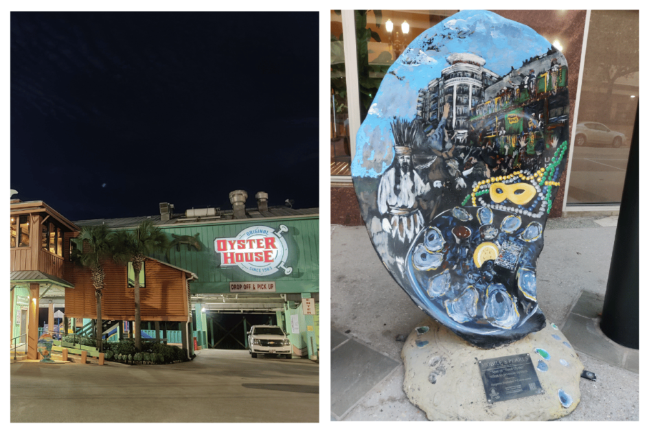 The Oyster House and murals in downtown Mobile during weekend trip 