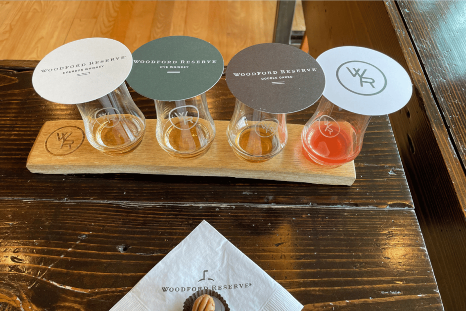 four samples of different types of bourbon from the Woodford Reserve distillery in Kentucky. 