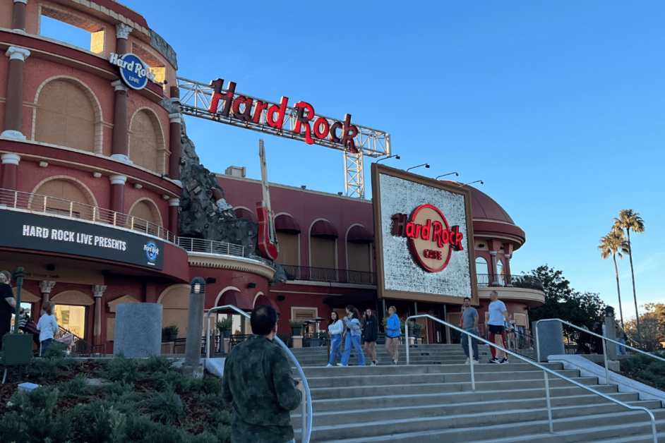 Exterior of the Hard Rock Cafe in Orlando, FL best things to do at night in orlando. 