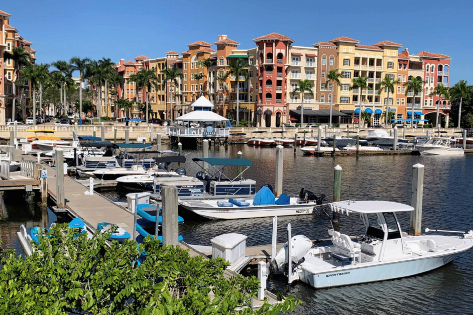 Bayfront in Naples, Florida- boats in a harbor. 