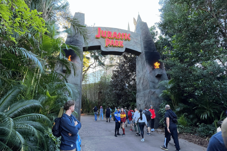 Exterior of the Jurassic Park themed land in Orlando, Florida