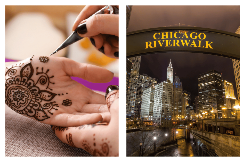 Henna tattoo and Chicago Riverwalk entrance at night. 