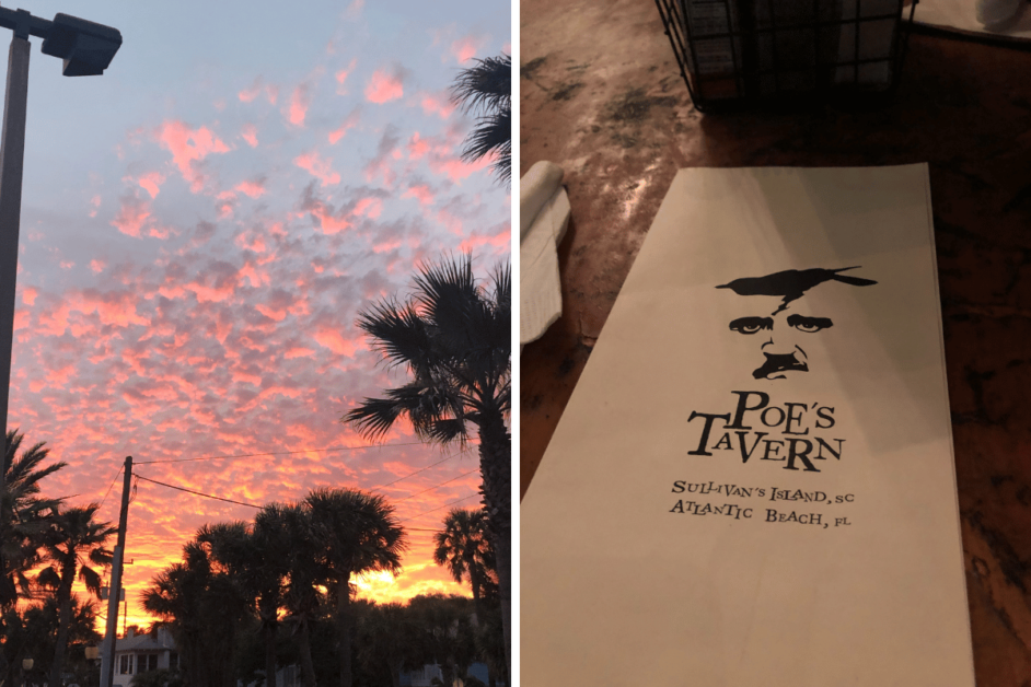 Image of a Jacksonville Beach sunset and menu from Poe's Tavern.