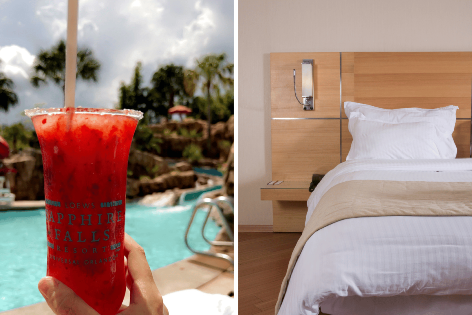 Picture of a drink and room from Universal's Sapphire Falls Hotel in Orlando