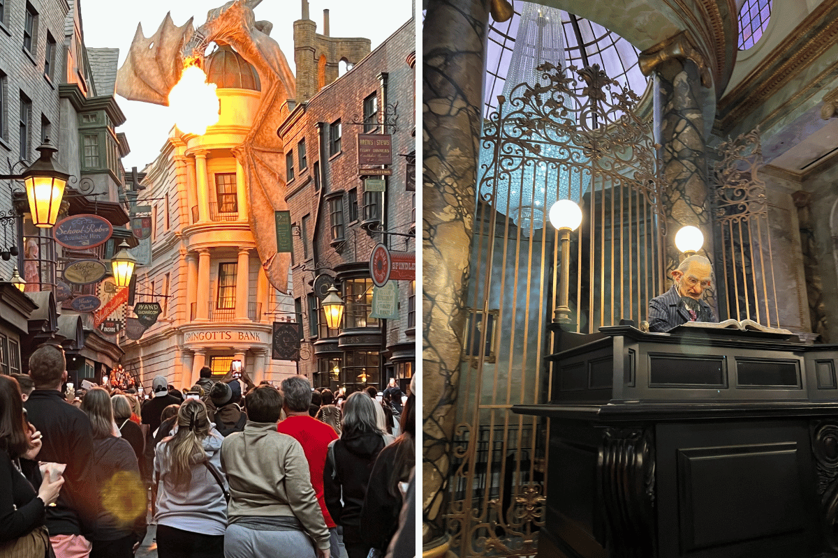 Two images from Universal Orlando's Escape from Grigotts Bank ride
