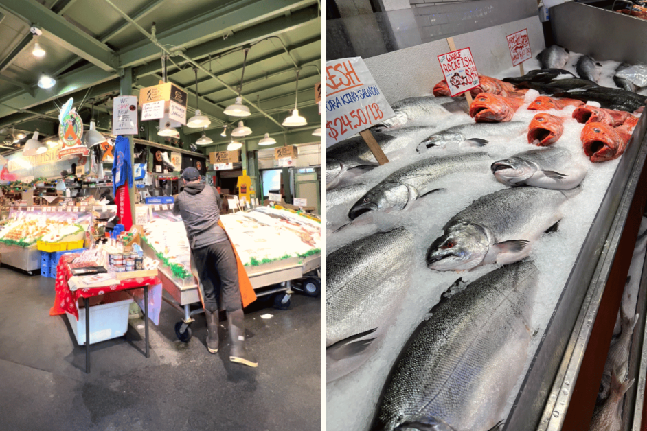 Two photos of fish from Pike Place Market in Seattle.