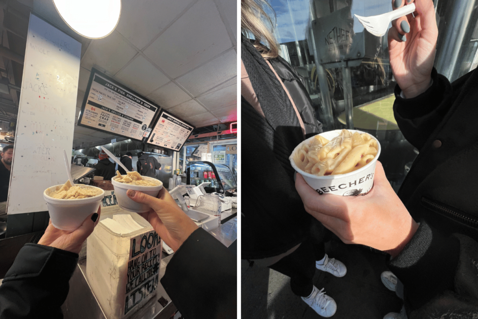 Two pictures of clam chowder and Beecher's mac and cheese from Seattle