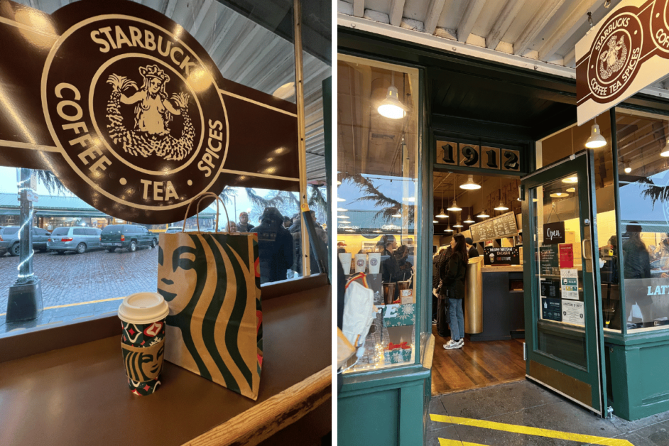 Two pictures of Pike Place Starbucks, one of the interior and one of the exterior.