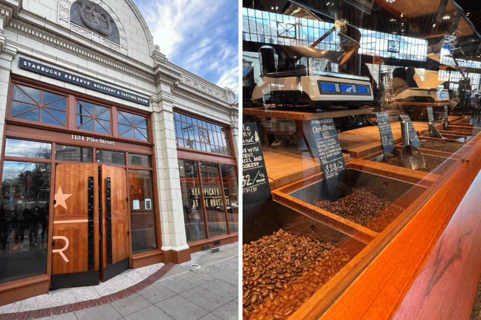 Two pictures of the Starbucks Reserve Roastery in Seattle, one of the exterior and the other of the different coffee beans.