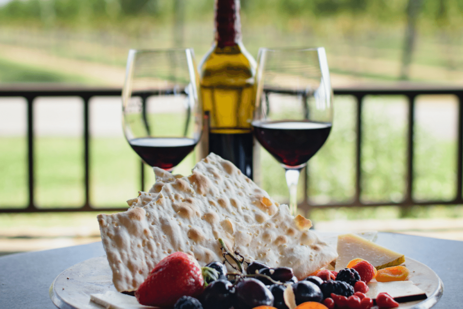 Picture of two wine glasses and food in Texas Hill Country