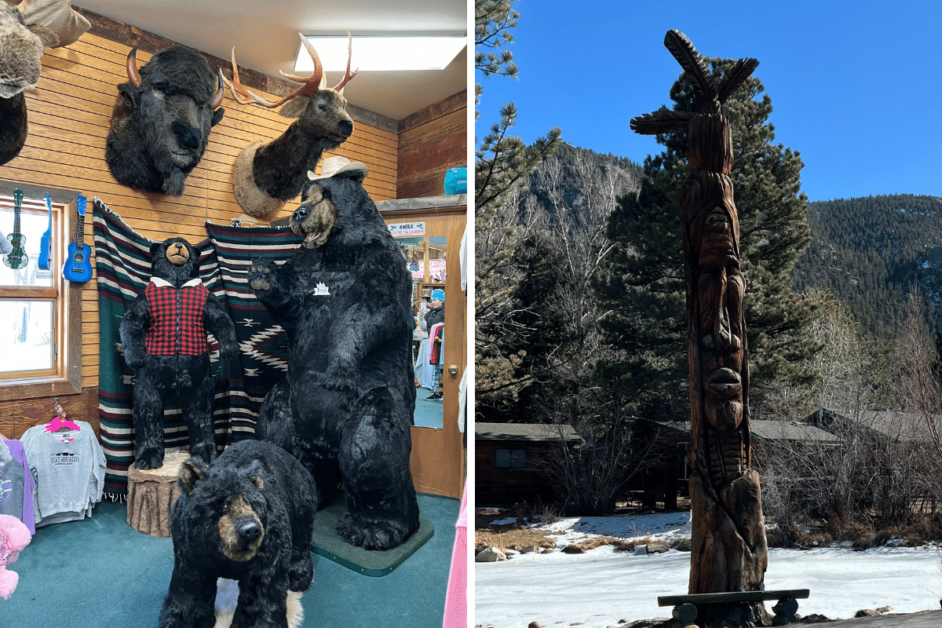 Two images; one of merchandise in an Estes Park gift shop and another of a totem pole outside of a giftshop in Estes Park.