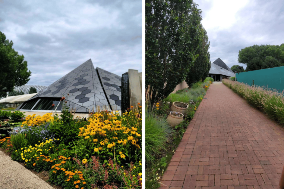 Two images; both exterior shots of the Science Pyramid at the Denver Botanic Gardens.