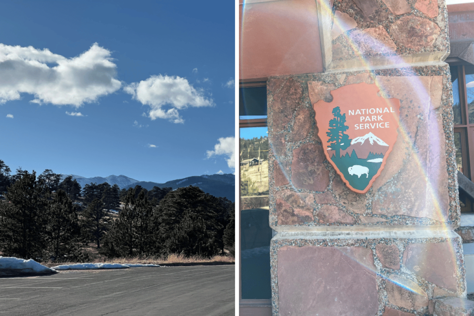 Two images; one of the Rocky Mountains and the other of the exterior of the National Park Service visitor center.