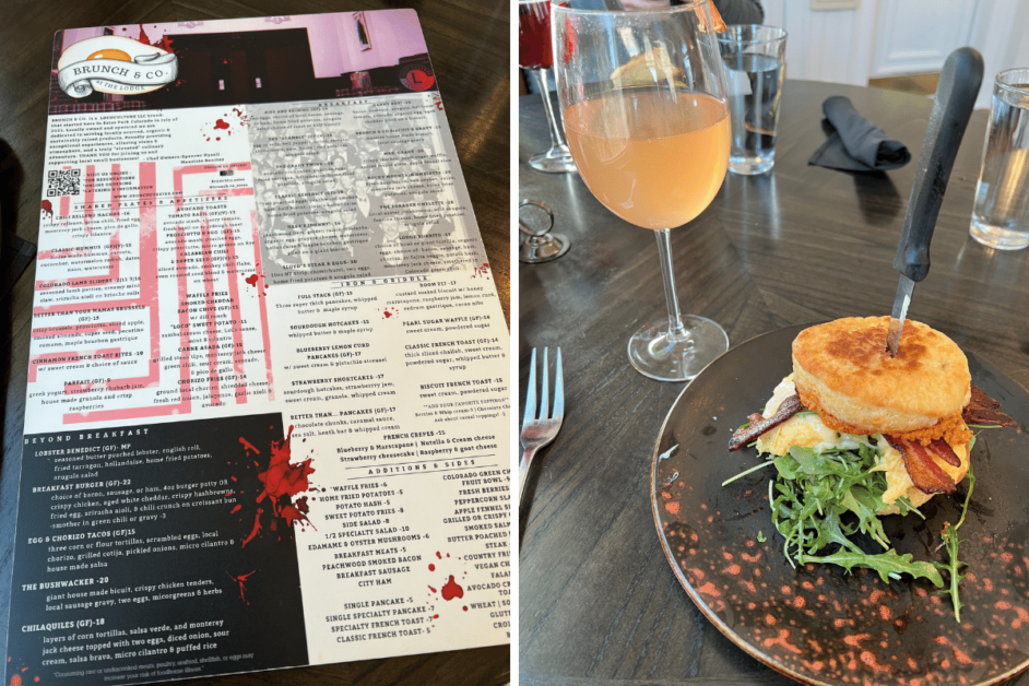 Two images; one of the brunch menu at the Stanley Hotel and the other of a biscuit and mimosa from The Stanley Hotel