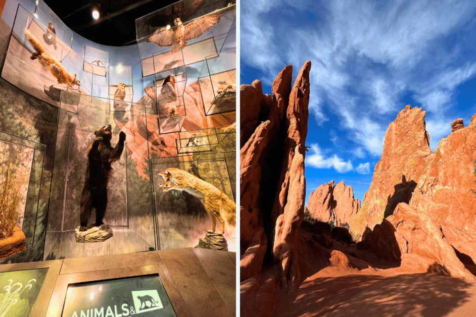Two images; one of the Visitors Center at the Garden of the Gods and the other of the flat irons