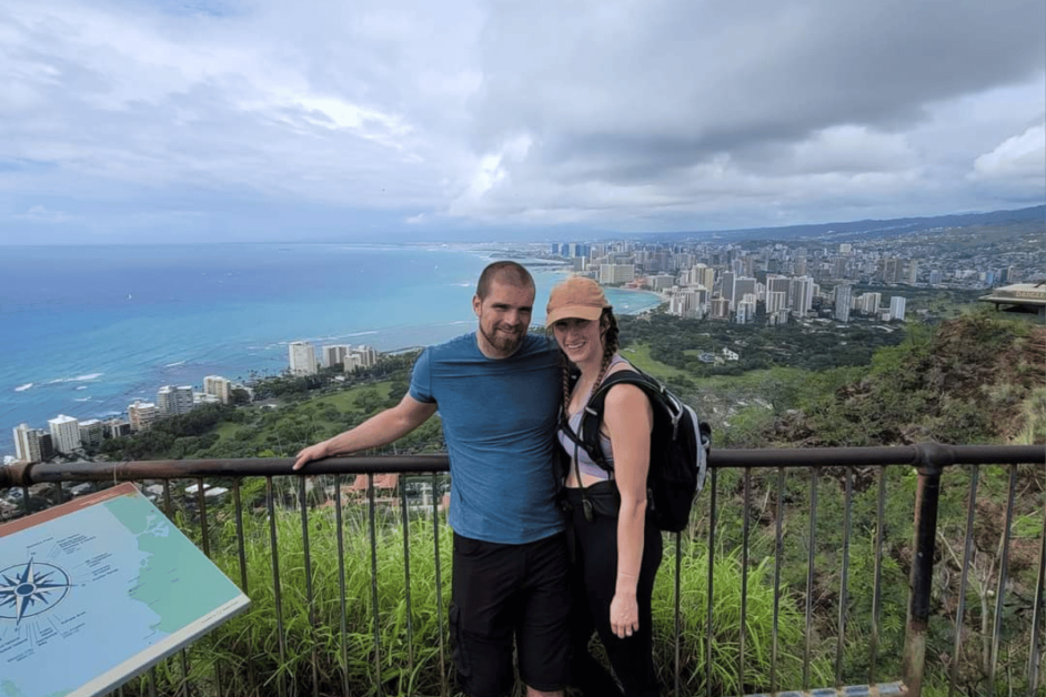 two people at the top of Diamond Head hike on Oahu. 