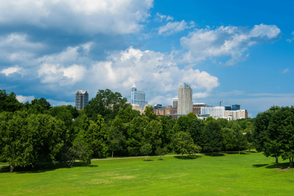 Raleigh NC skyline from Dorothea Dix Park. 