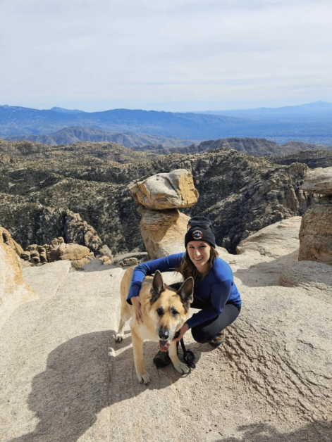 dog and girl at the top of Mt. Lemmon. 