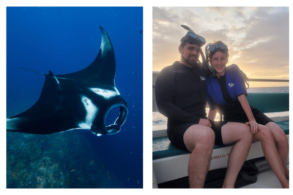 2 people snorkeling on the Big Island with Manta Rays. 