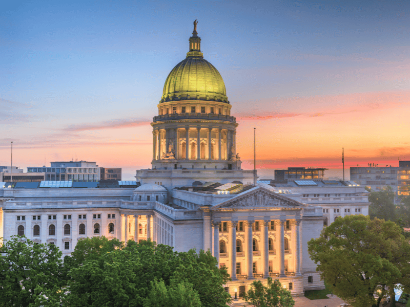 Wisconsin capitol building at sunset. 